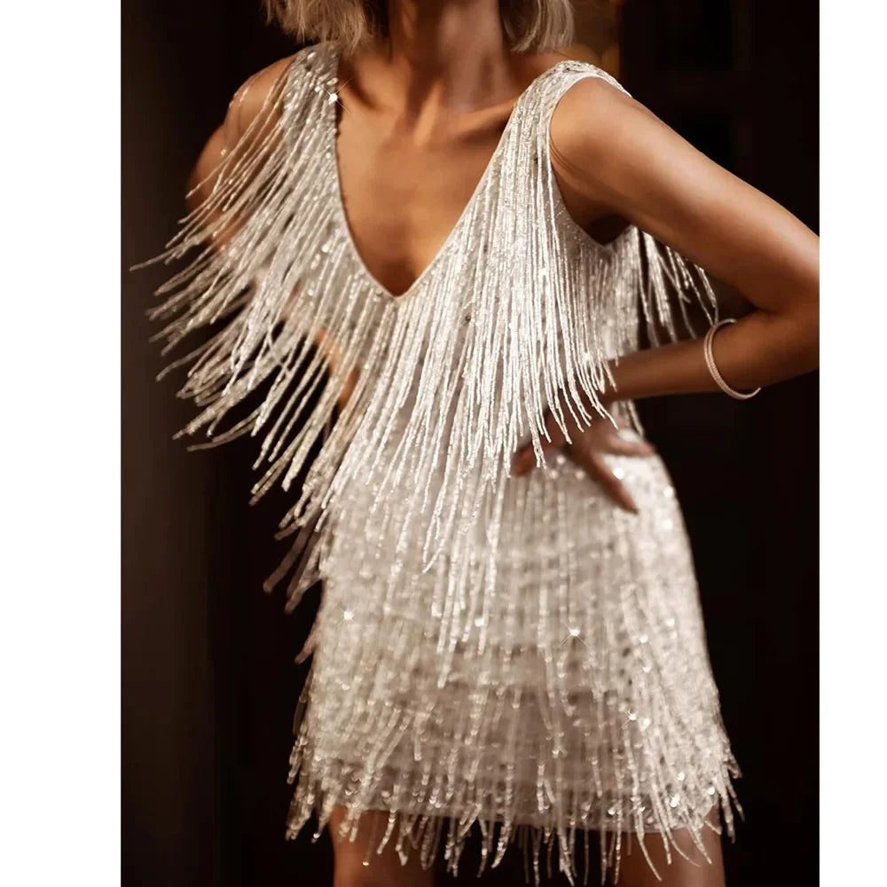 Elegant Sequin Fringe Mini Dress for Women with V Neck Sleeveless Layered Tassel Sparkle Formal Party Style