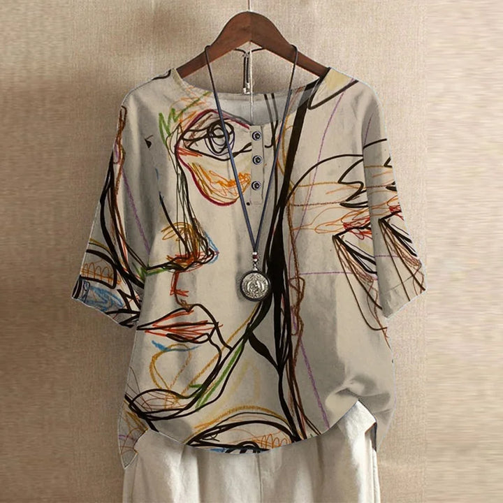 Effortless Patchwork Print Blouse for Women with Round Neck Elbow Sleeve Relaxed Bohemian Style
