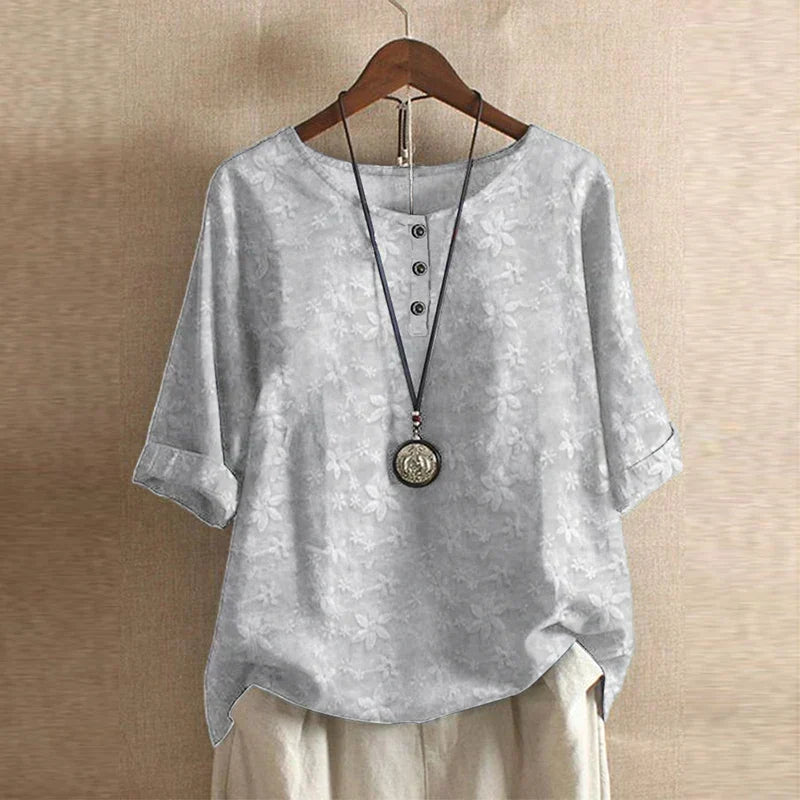 Effortless Patchwork Print Blouse for Women with Round Neck Elbow Sleeve Relaxed Bohemian Style
