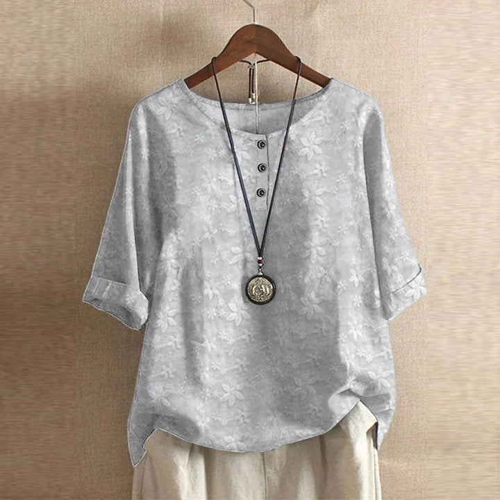 Effortless Patchwork Print Blouse for Women with Round Neck Elbow Sleeve Relaxed Bohemian Style
