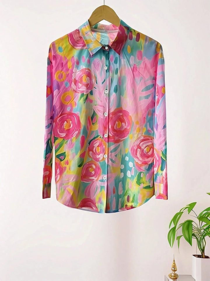 Effortless Floral Print Blouse for Women with Collar Long Sleeve Button Front Relaxed Style