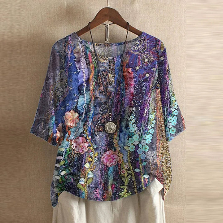Effortless Patchwork Print Blouse for Women with Round Neck Elbow Sleeve Relaxed Bohemian Style