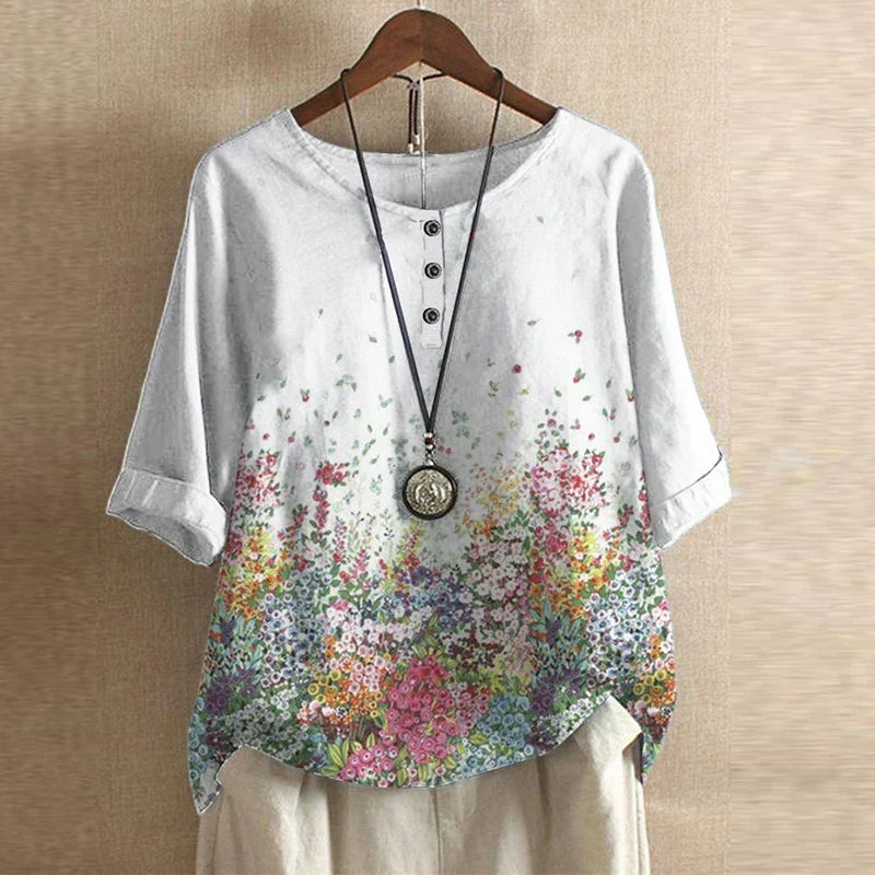 Effortless Patchwork Print Blouse for Women with Round Neck Elbow Sleeve Relaxed Bohemian Style