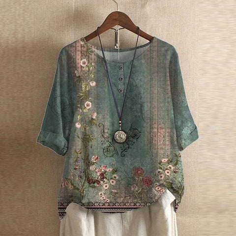 Effortless Patchwork Print Blouse for Women with Round Neck Elbow Sleeve Relaxed Bohemian Style
