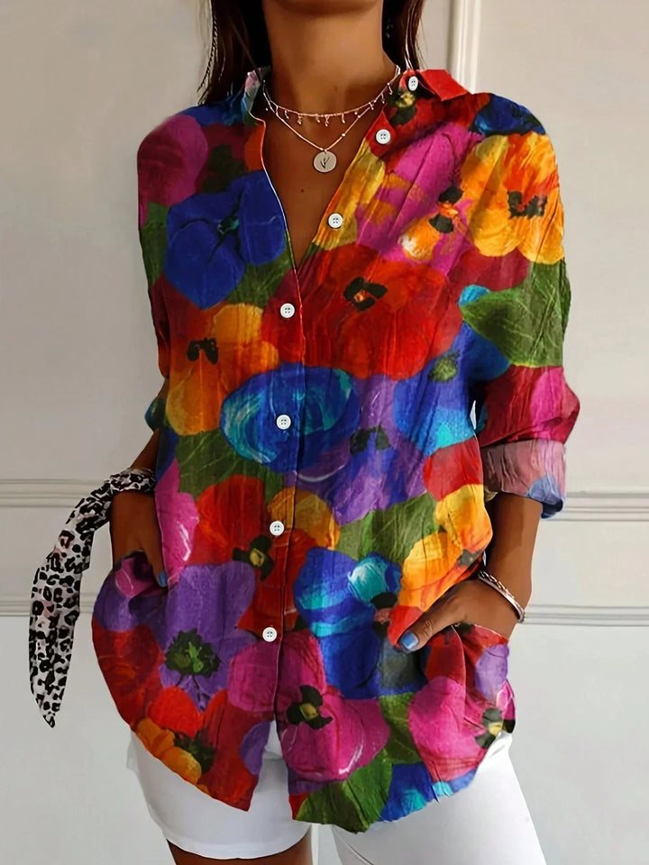 Effortless Floral Print Blouse for Women with Collar Long Sleeve Button Front Relaxed Style