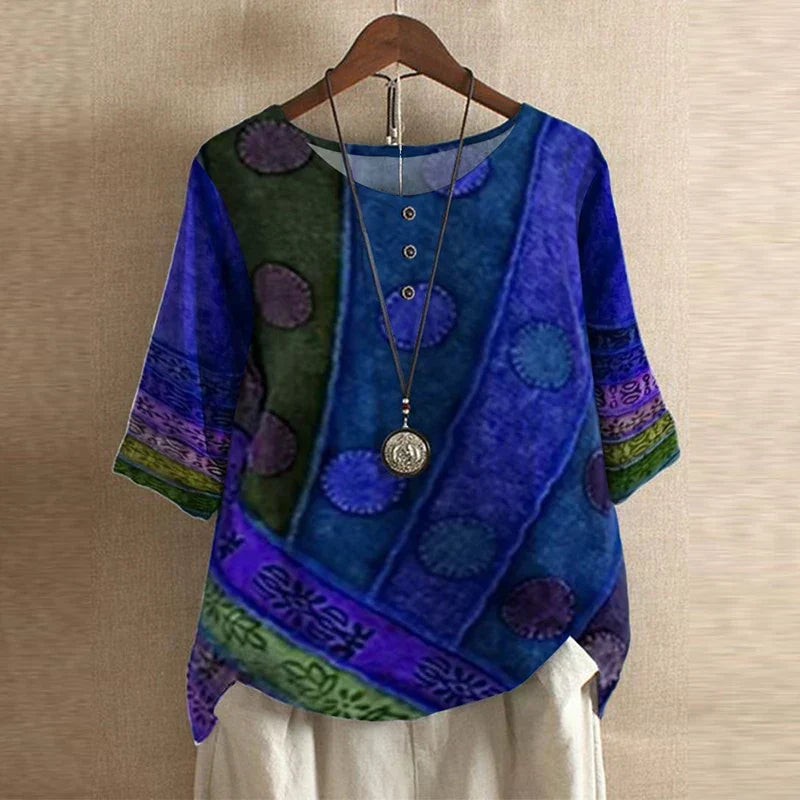 Effortless Patchwork Print Blouse for Women with Round Neck Elbow Sleeve Relaxed Bohemian Style
