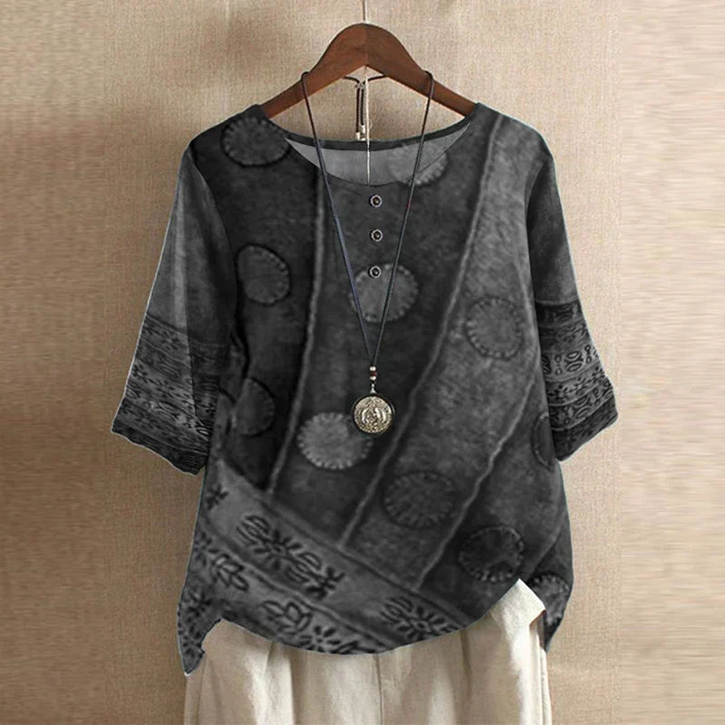 Effortless Patchwork Print Blouse for Women with Round Neck Elbow Sleeve Relaxed Bohemian Style