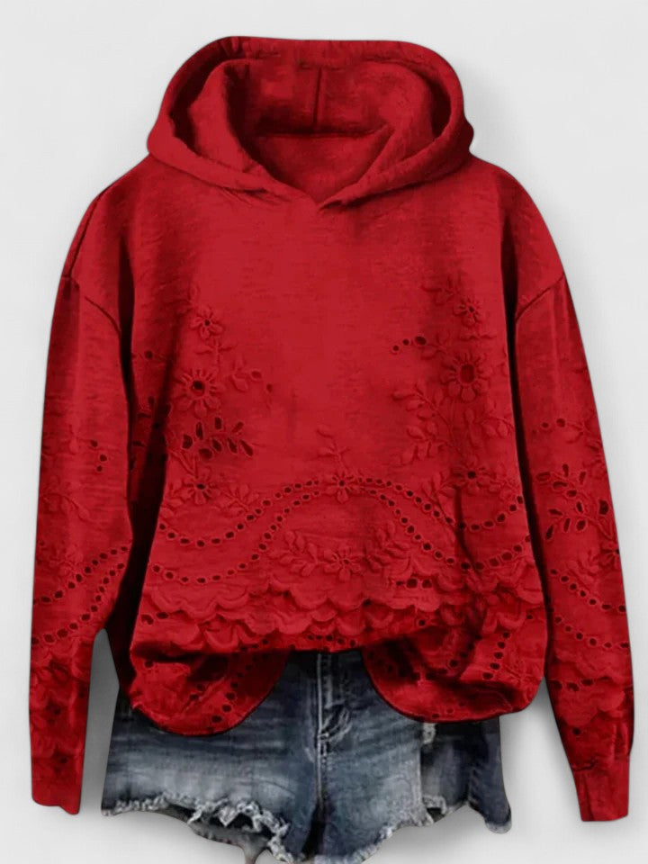 Effortless Eyelet Embroidered Cropped Hoodie for Women with Hood Long Sleeve Scalloped High Low Hem Bohemian Style