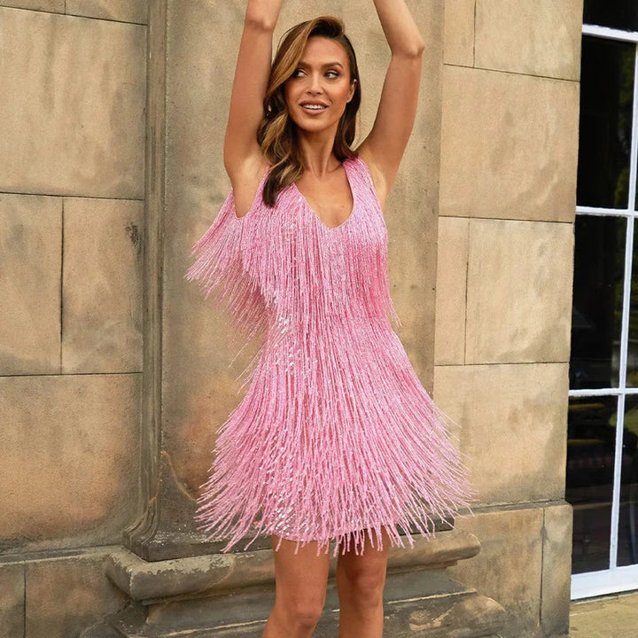 Elegant Sequin Fringe Mini Dress for Women with V Neck Sleeveless Layered Tassel Sparkle Formal Party Style