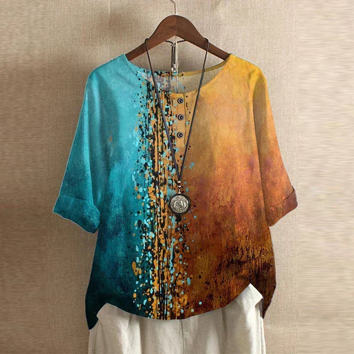 Effortless Patchwork Print Blouse for Women with Round Neck Elbow Sleeve Relaxed Bohemian Style