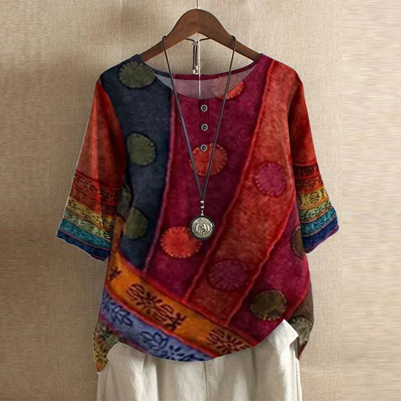 Effortless Patchwork Print Blouse for Women with Round Neck Elbow Sleeve Relaxed Bohemian Style