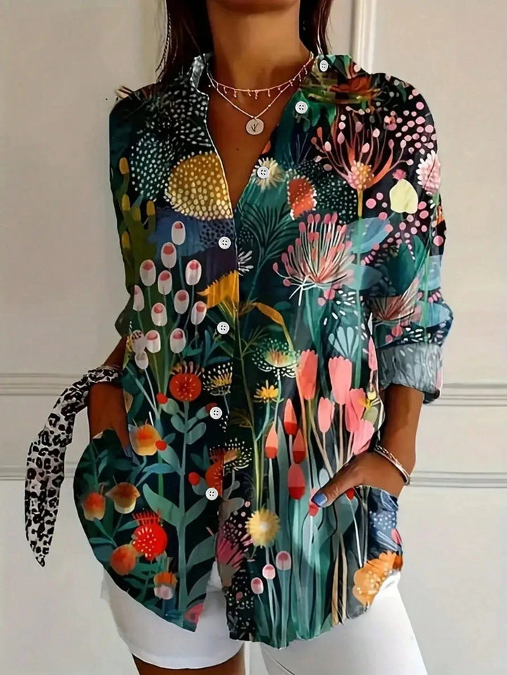 Effortless Floral Print Blouse for Women with Collar Long Sleeve Button Front Relaxed Style