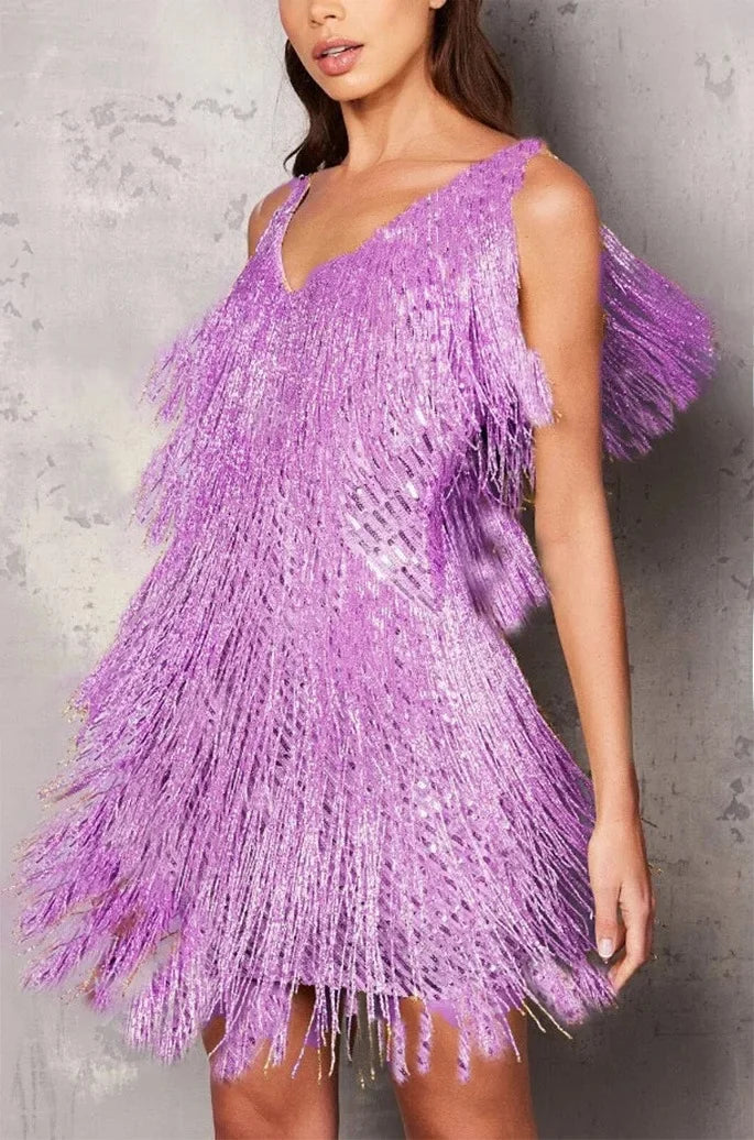 Elegant Sequin Fringe Mini Dress for Women with V Neck Sleeveless Layered Tassel Sparkle Formal Party Style