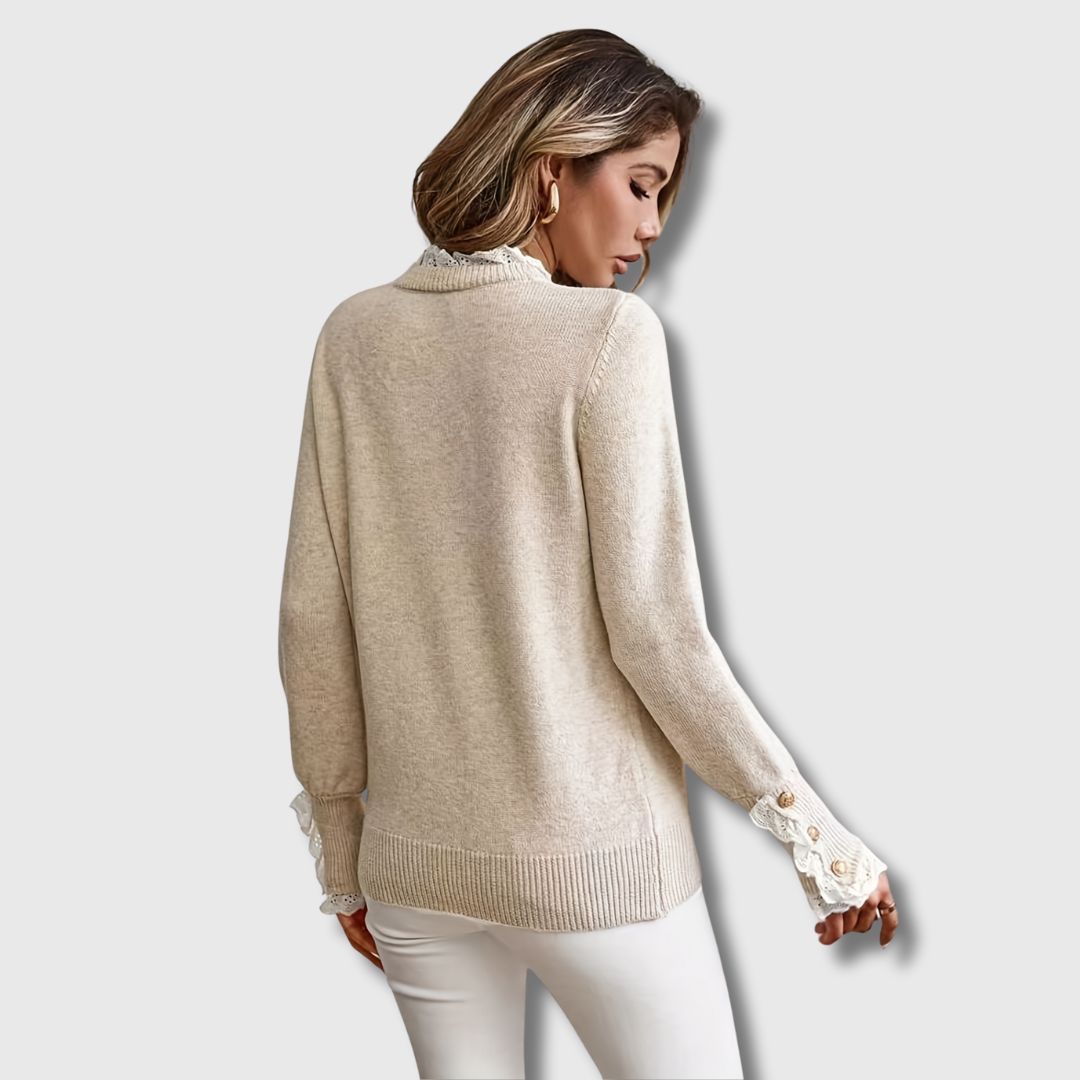 Comfortable Apricot Knit Sweater for Women with Mock Neck Long Sleeve Lace Trim Button Cuff Relaxed Style