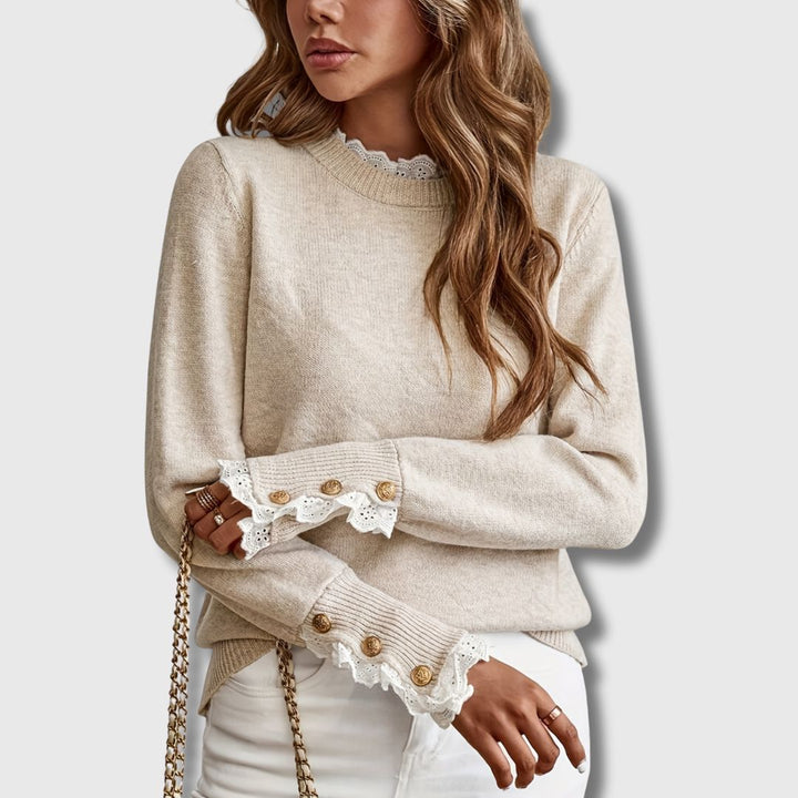 Comfortable Apricot Knit Sweater for Women with Mock Neck Long Sleeve Lace Trim Button Cuff Relaxed Style