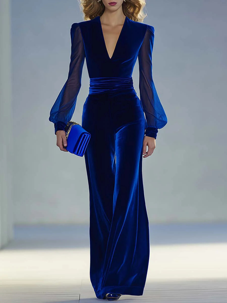 Elegant Velvet Jumpsuit for Women with V Neck Bishop Sleeve Wide Leg Formal Style