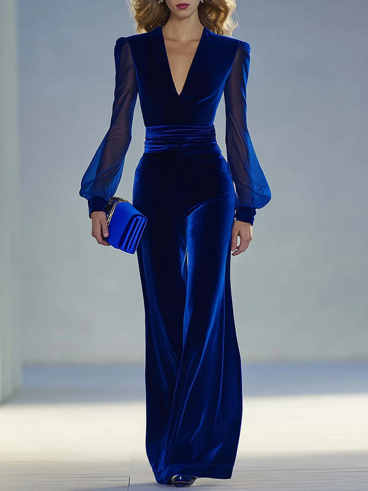 Elegant Velvet Jumpsuit for Women with V Neck Bishop Sleeve Wide Leg Formal Style