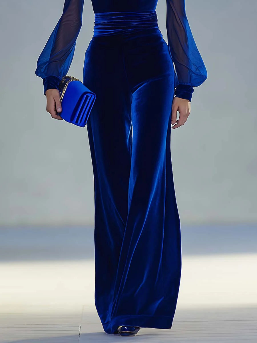 Elegant Velvet Jumpsuit for Women with V Neck Bishop Sleeve Wide Leg Formal Style