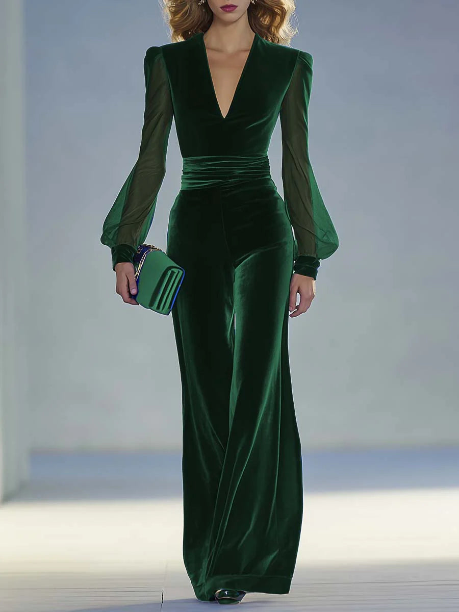 Elegant Velvet Jumpsuit for Women with V Neck Bishop Sleeve Wide Leg Formal Style