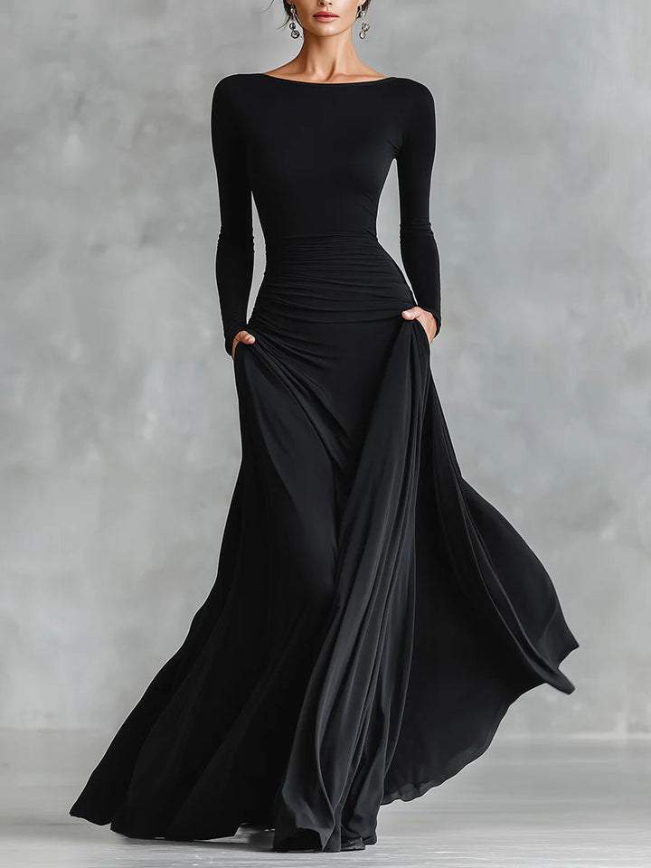 Elegant Black Maxi Dress for Women with Boat Neck Long Sleeve Ruched Flowing Style