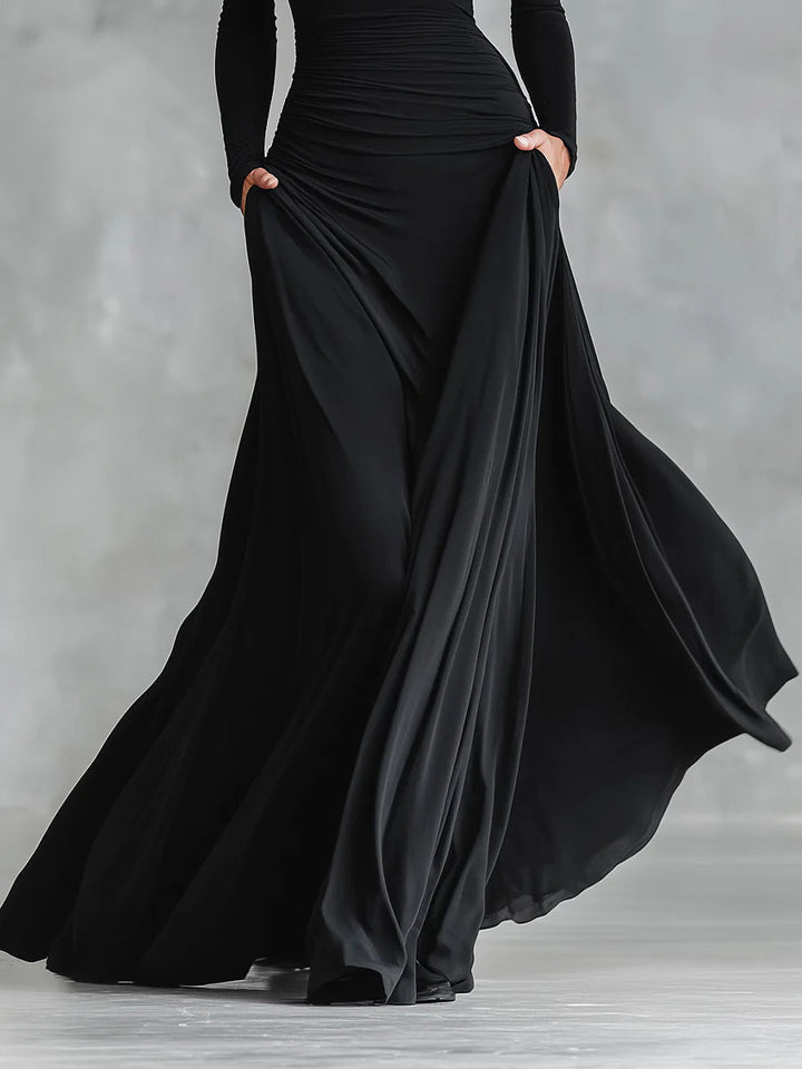 Elegant Black Maxi Dress for Women with Boat Neck Long Sleeve Ruched Flowing Style