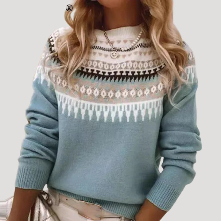 Comfortable Fair Isle Sweater for Women with Crew Neck Long Sleeve Relaxed Oversized Knit Style