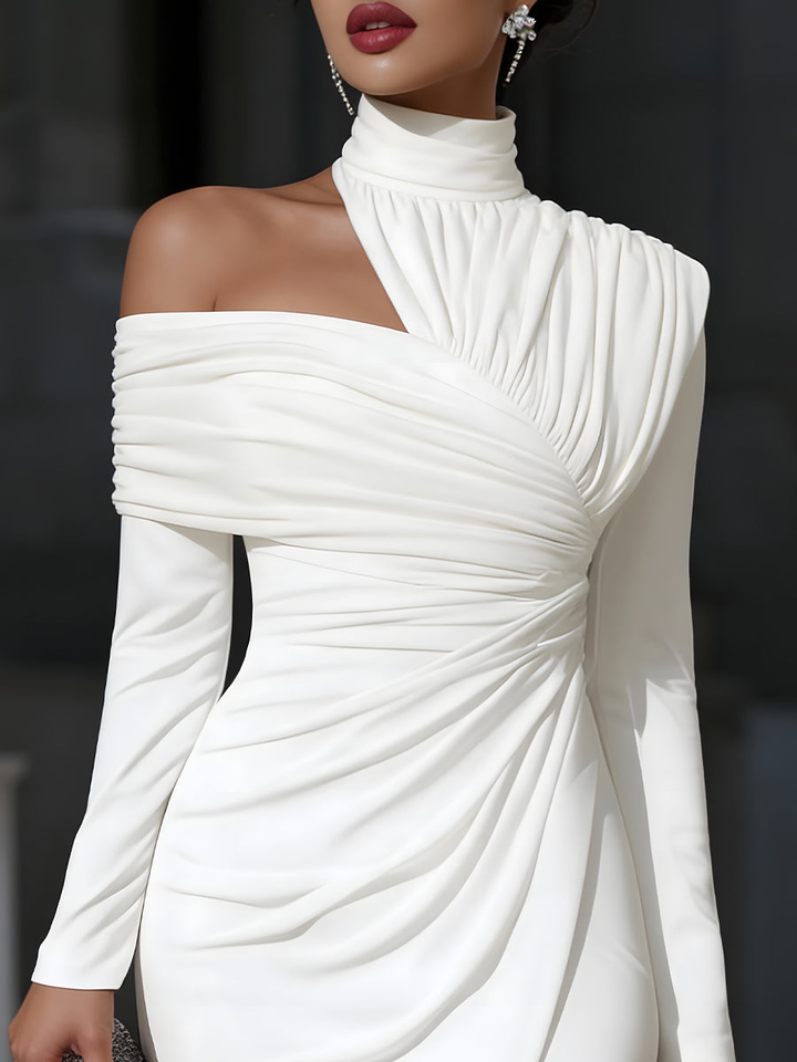 Elegant White Midi Dress for Women with High Neck One Shoulder Ruched Bodycon Cocktail Style