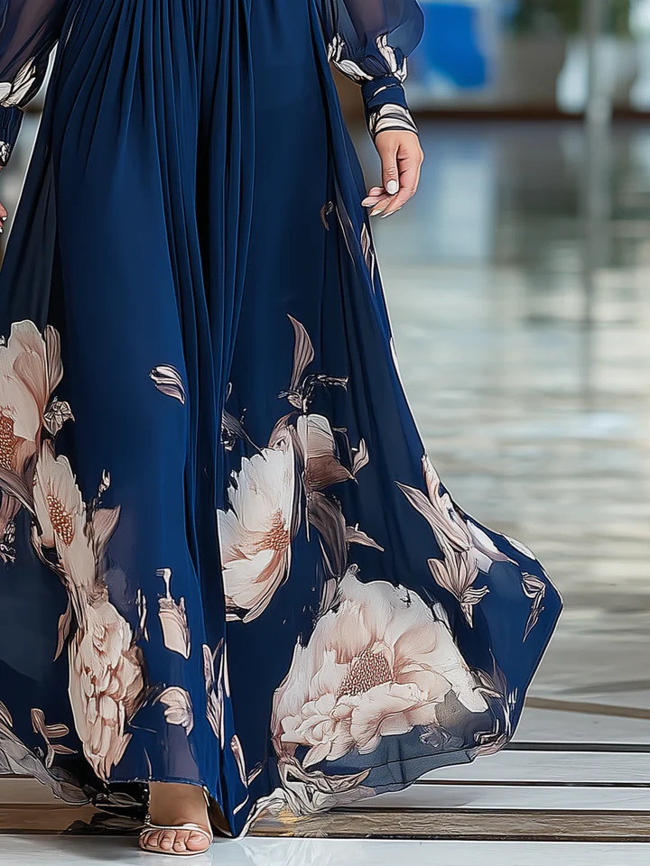 Elegant Navy Floral Maxi Dress for Women with V Neck Bishop Sleeve Ruched Waist Flowing Wedding Guest Style