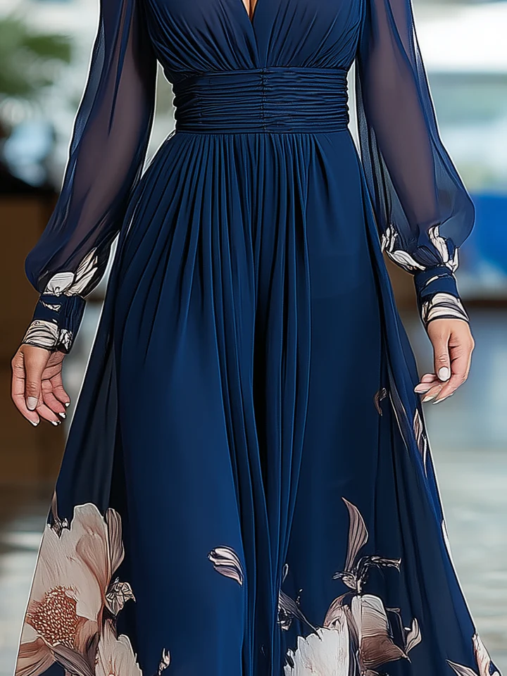 Elegant Navy Floral Maxi Dress for Women with V Neck Bishop Sleeve Ruched Waist Flowing Wedding Guest Style