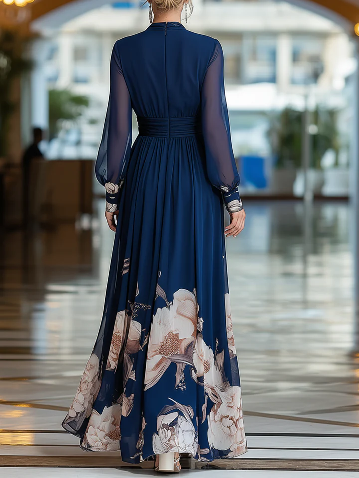 Elegant Navy Floral Maxi Dress for Women with V Neck Bishop Sleeve Ruched Waist Flowing Wedding Guest Style