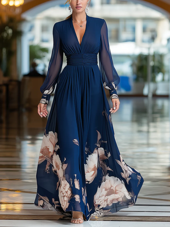 Elegant Navy Floral Maxi Dress for Women with V Neck Bishop Sleeve Ruched Waist Flowing Wedding Guest Style