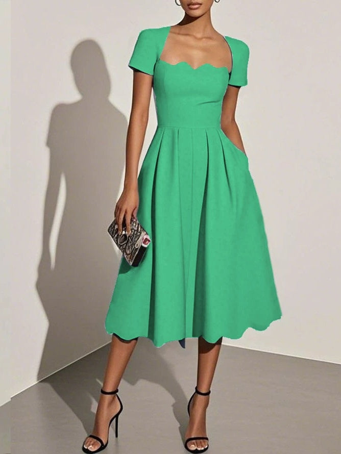 Elegant Black Midi Dress for Women with Scalloped Sweetheart Neck Short Sleeve Fit and Flare Cocktail Style
