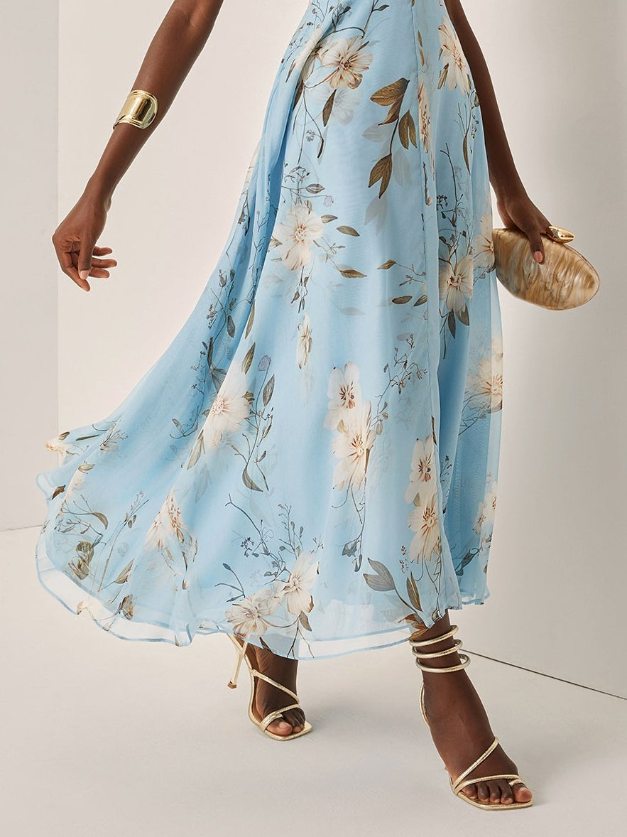 Elegant Light Blue Floral Maxi Dress for Women with One Shoulder Draped Ruched Flowing Wedding Guest Style