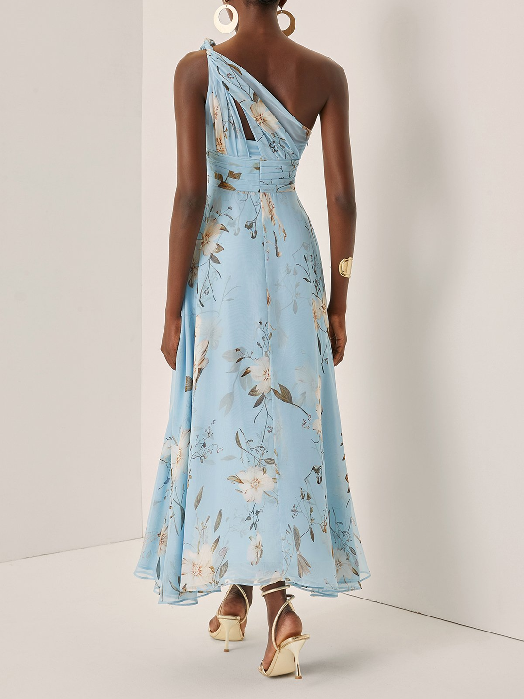 Elegant Light Blue Floral Maxi Dress for Women with One Shoulder Draped Ruched Flowing Wedding Guest Style