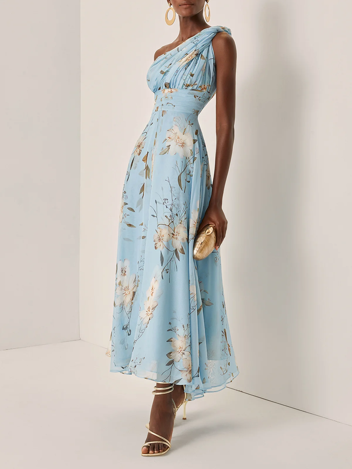 Elegant Light Blue Floral Maxi Dress for Women with One Shoulder Draped Ruched Flowing Wedding Guest Style