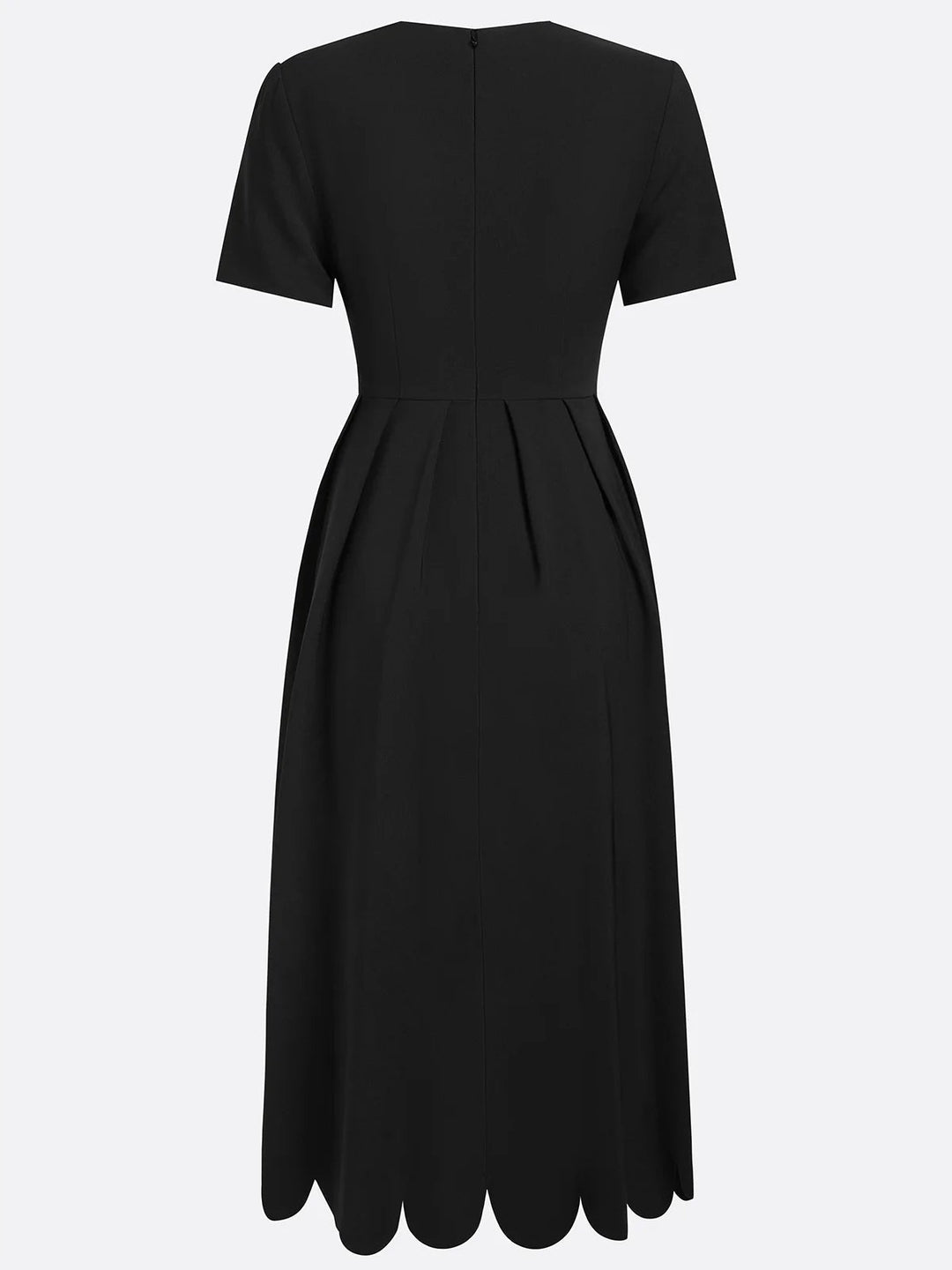 Elegant Black Midi Dress for Women with Scalloped Sweetheart Neck Short Sleeve Fit and Flare Cocktail Style