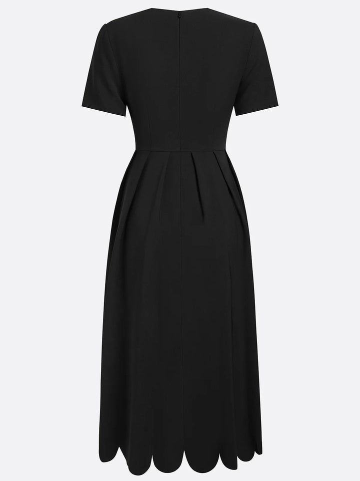 Elegant Black Midi Dress for Women with Scalloped Sweetheart Neck Short Sleeve Fit and Flare Cocktail Style