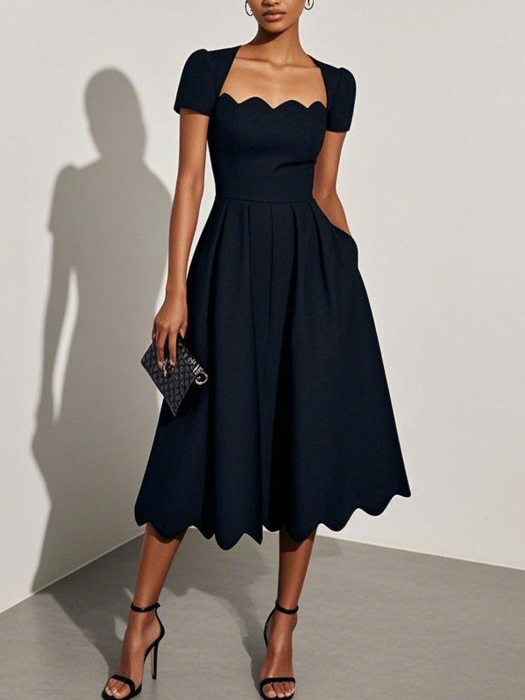 Elegant Black Midi Dress for Women with Scalloped Sweetheart Neck Short Sleeve Fit and Flare Cocktail Style