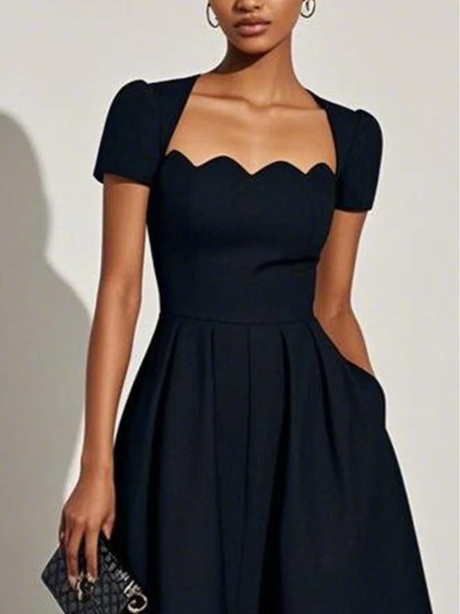 Elegant Black Midi Dress for Women with Scalloped Sweetheart Neck Short Sleeve Fit and Flare Cocktail Style