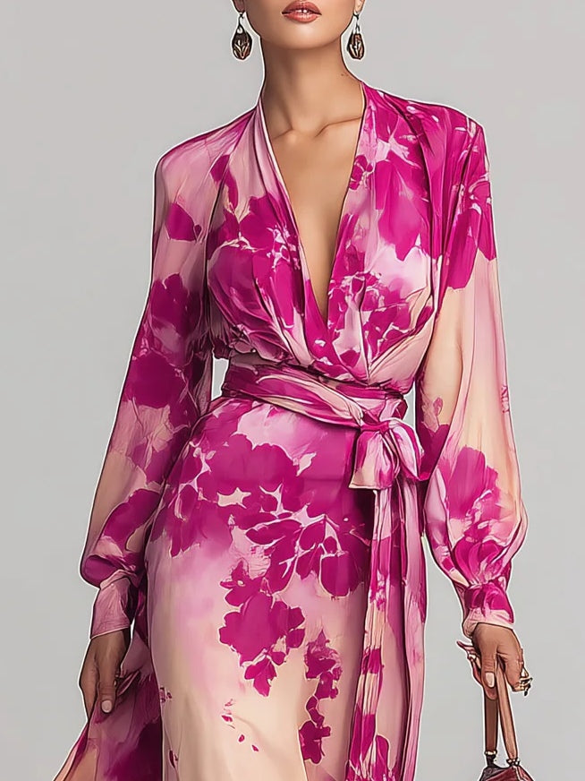 Elegant Rose Red Floral Maxi Dress for Women with V Neck Balloon Sleeve Wrap Belted Flowing Style
