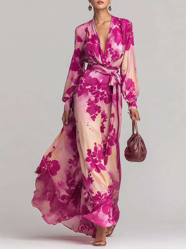 Elegant Rose Red Floral Maxi Dress for Women with V Neck Balloon Sleeve Wrap Belted Flowing Style