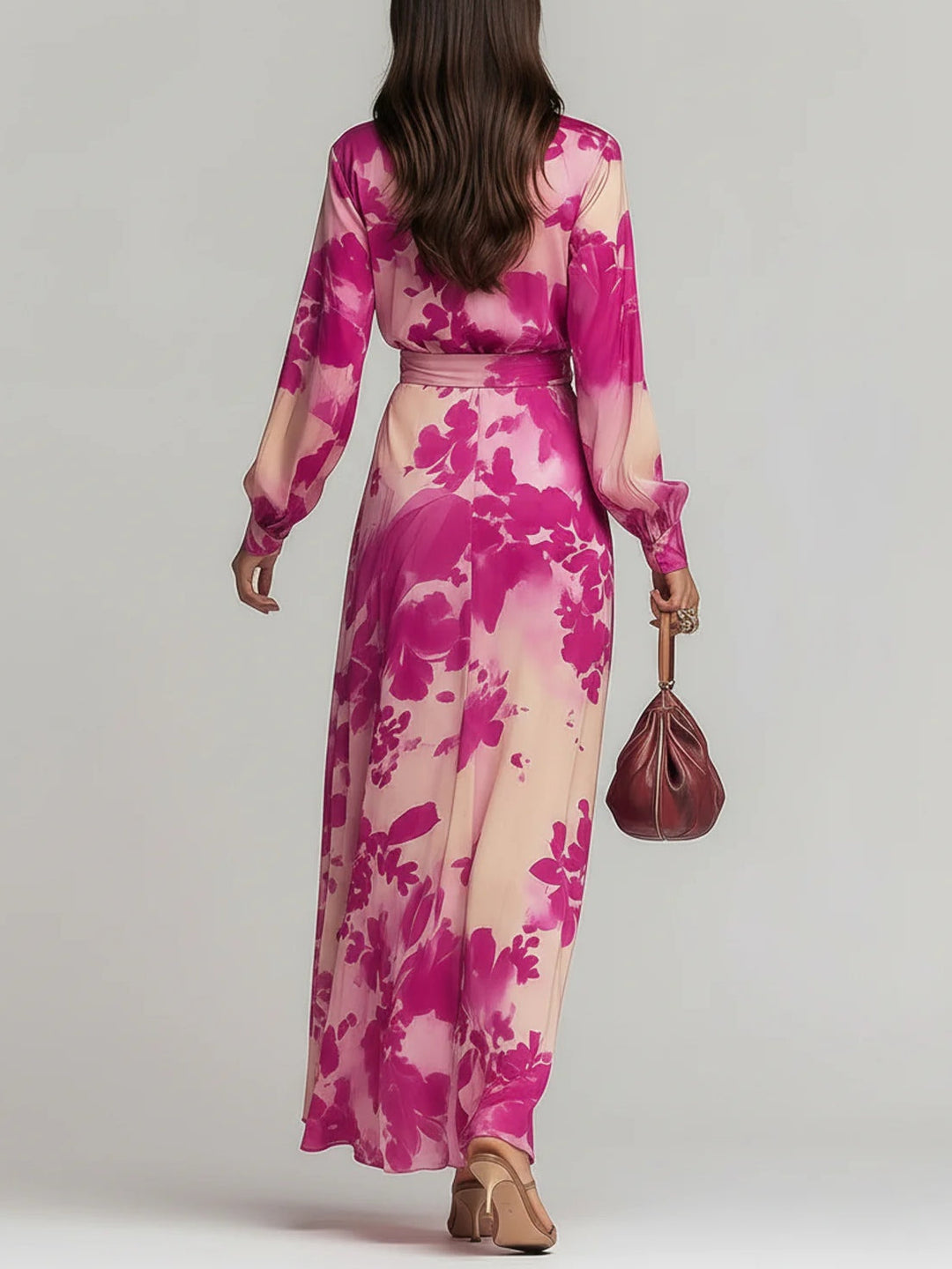 Elegant Rose Red Floral Maxi Dress for Women with V Neck Balloon Sleeve Wrap Belted Flowing Style