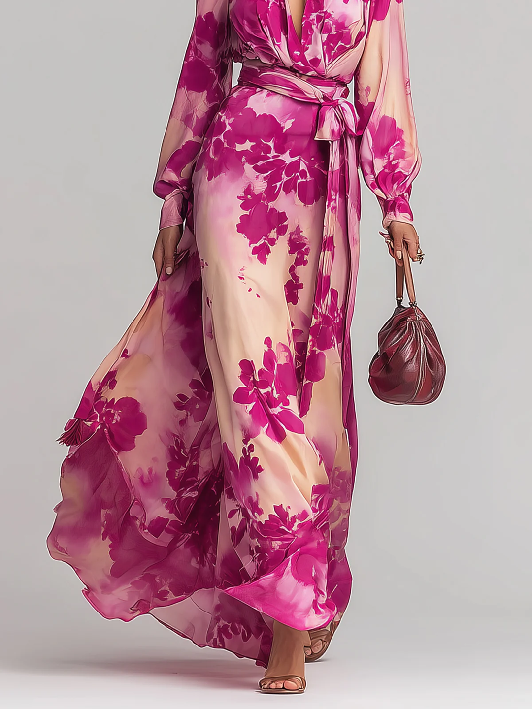 Elegant Rose Red Floral Maxi Dress for Women with V Neck Balloon Sleeve Wrap Belted Flowing Style