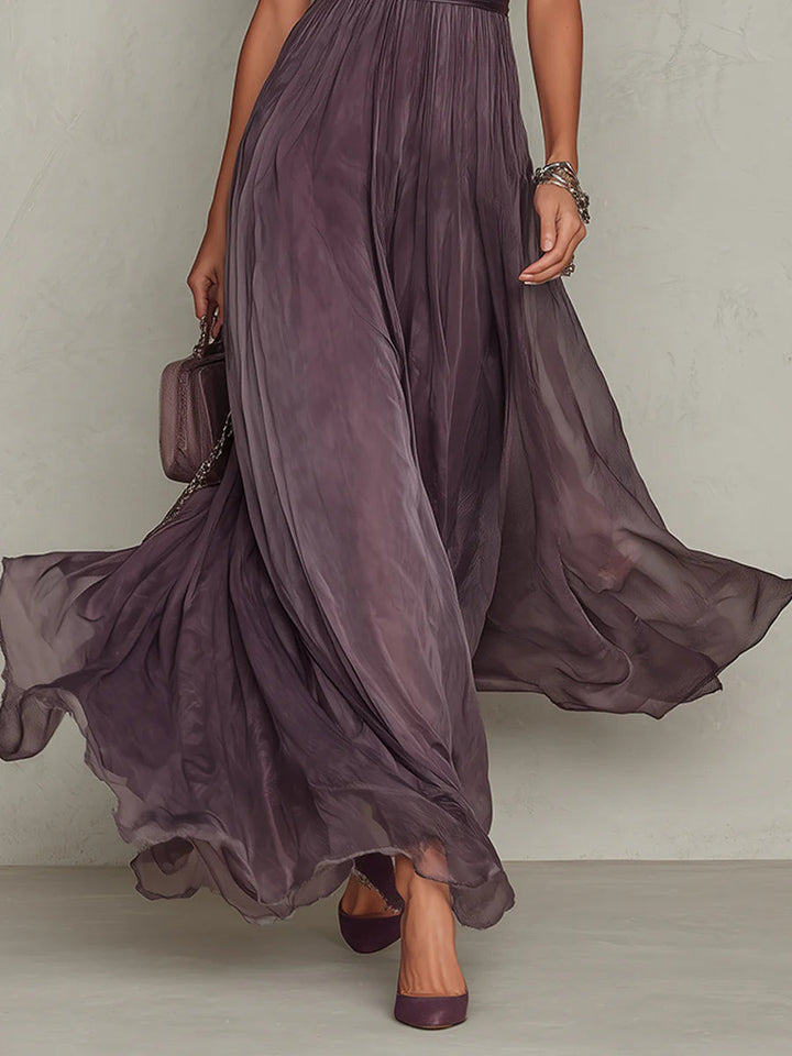 Elegant Chiffon Maxi Dress for Women with High Neck Keyhole Puff Sleeve Flowing Style