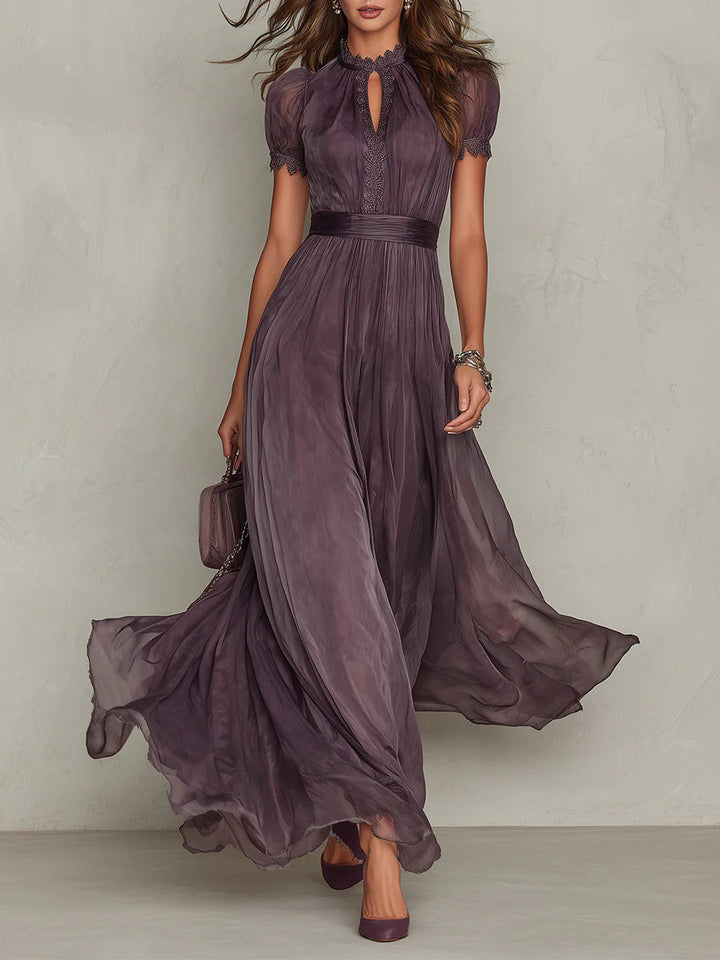 Elegant Chiffon Maxi Dress for Women with High Neck Keyhole Puff Sleeve Flowing Style