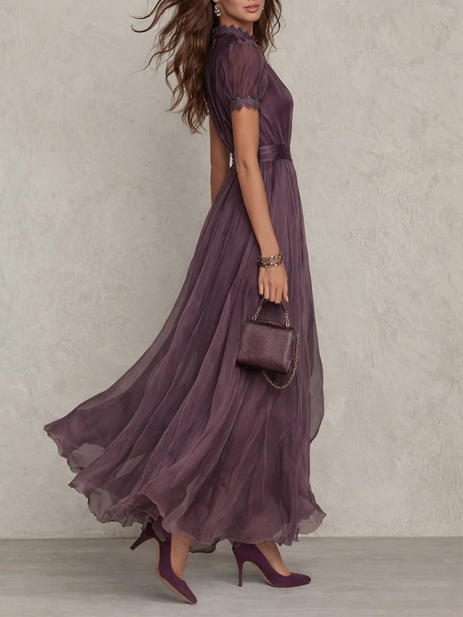 Elegant Chiffon Maxi Dress for Women with High Neck Keyhole Puff Sleeve Flowing Style