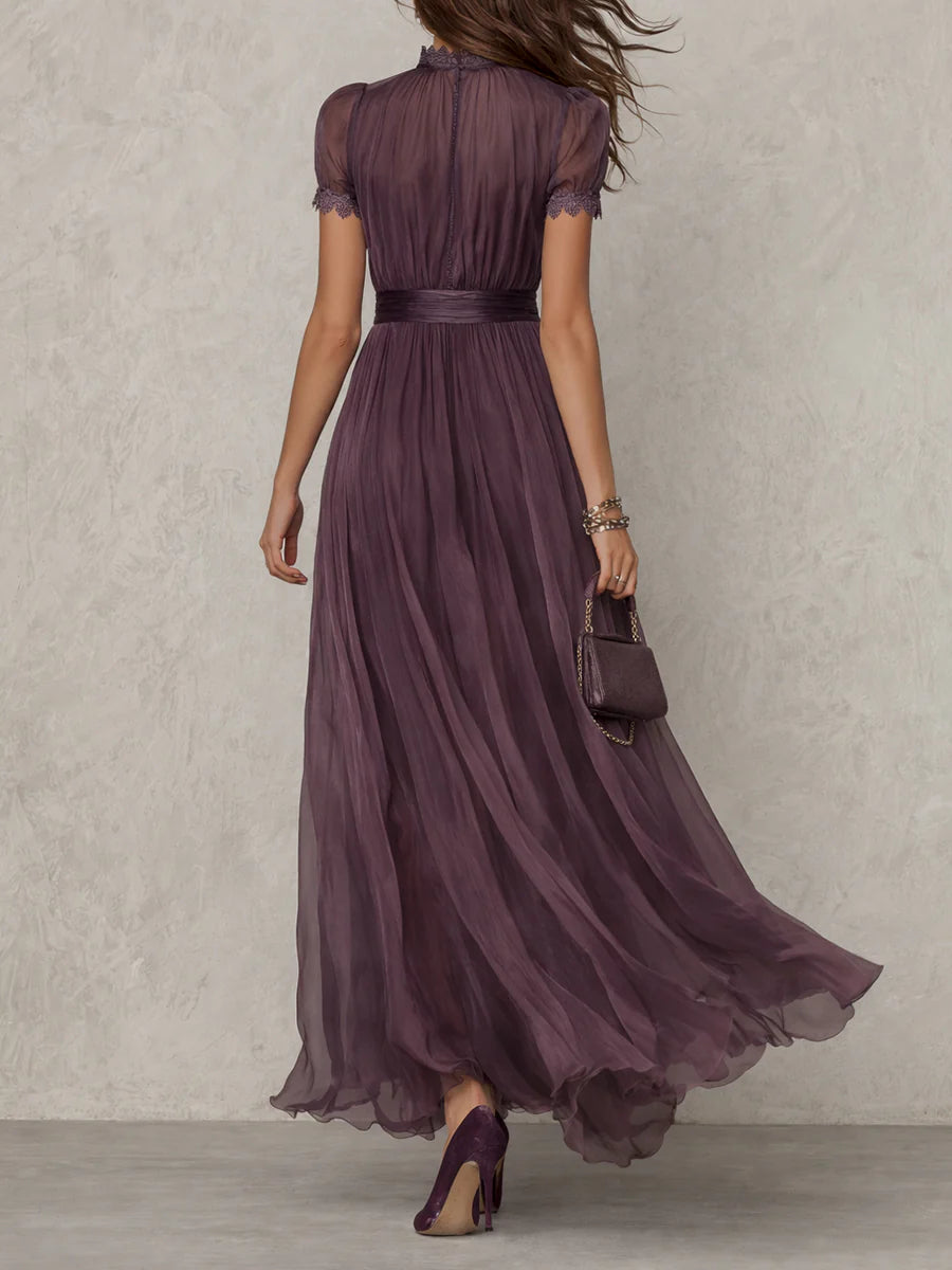 Elegant Chiffon Maxi Dress for Women with High Neck Keyhole Puff Sleeve Flowing Style