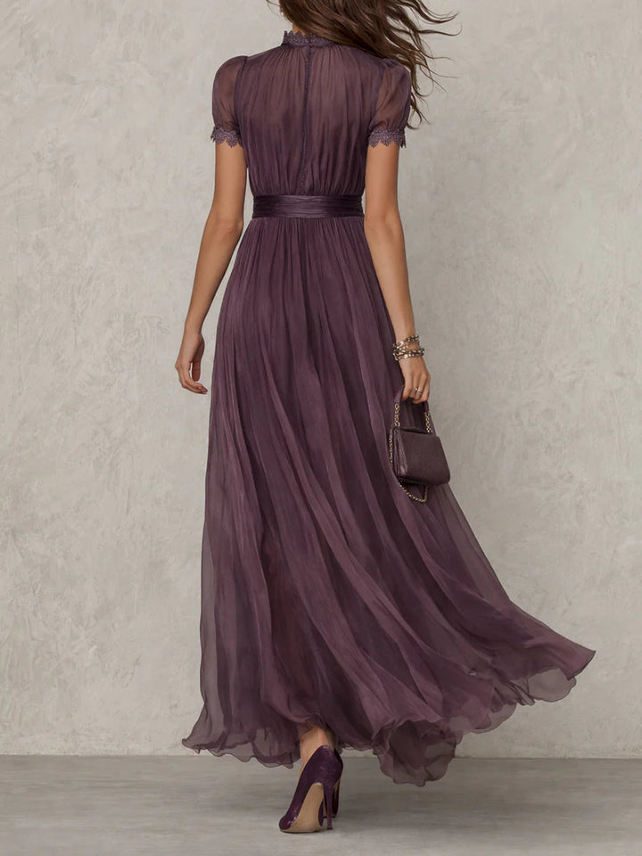 Elegant Chiffon Maxi Dress for Women with High Neck Keyhole Puff Sleeve Flowing Style