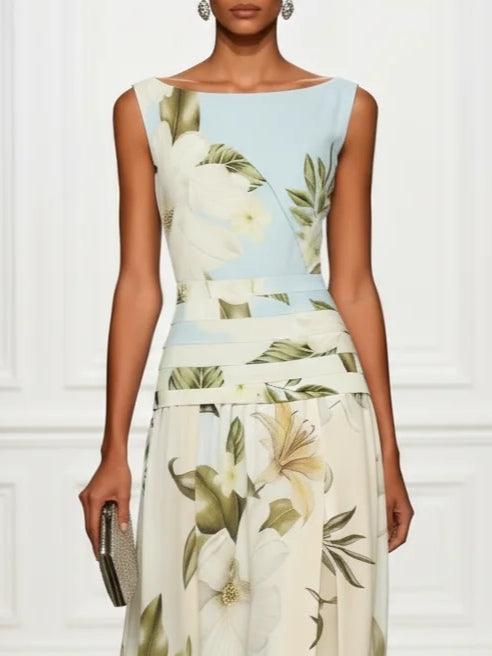 Elegant Blue Floral Maxi Dress for Women with Boat Neck Sleeveless Banded Waist Formal Wedding Guest Style