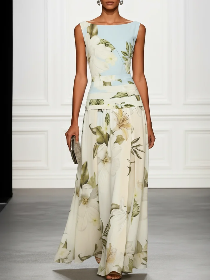 Elegant Blue Floral Maxi Dress for Women with Boat Neck Sleeveless Banded Waist Formal Wedding Guest Style